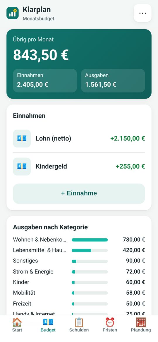 Monatsbudget mit Einnahmen und Ausgaben nach Kategorien