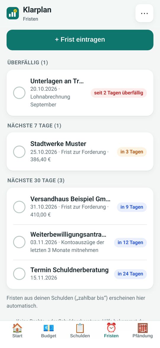 Fristen-Übersicht, sortiert nach Dringlichkeit