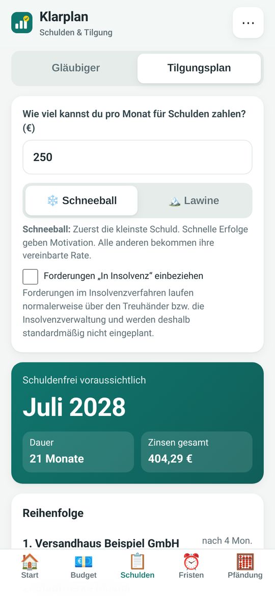 Tilgungsplan mit Schneeball- und Lawinen-Methode und Schuldenfrei-Datum